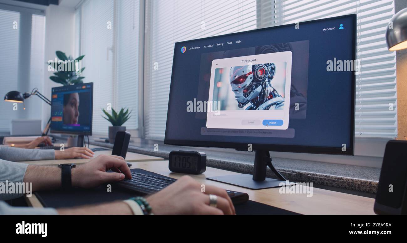 Adult man in headphones enters prompt in AI image generator on computer ...