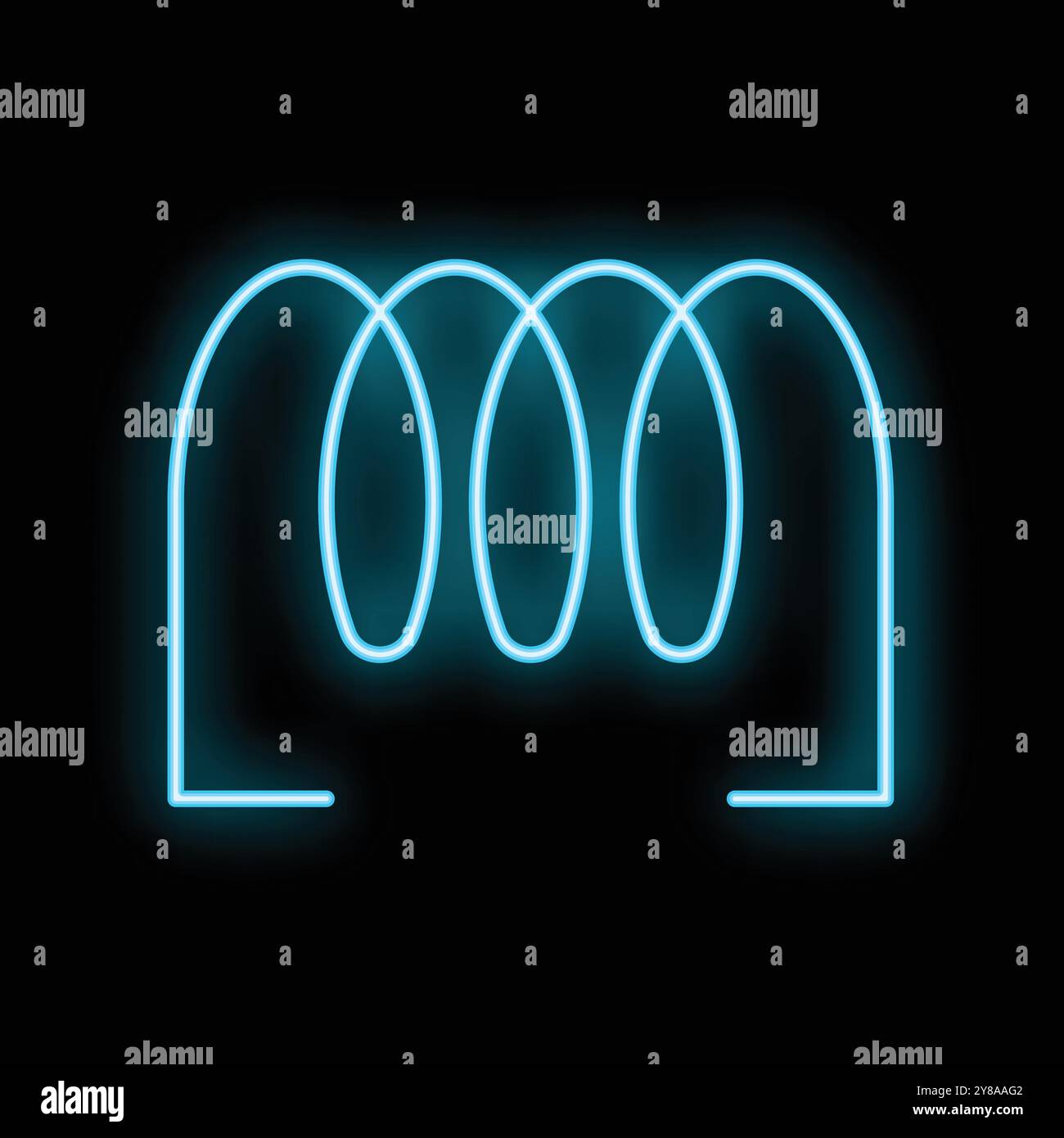 Blue neon sign illustrating a tightly wound electrical coil against a black background Stock Vector