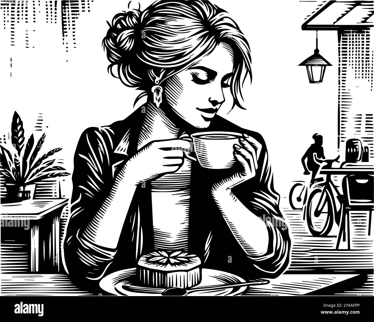Woman seated at a cafe table Stock Vector Images - Alamy