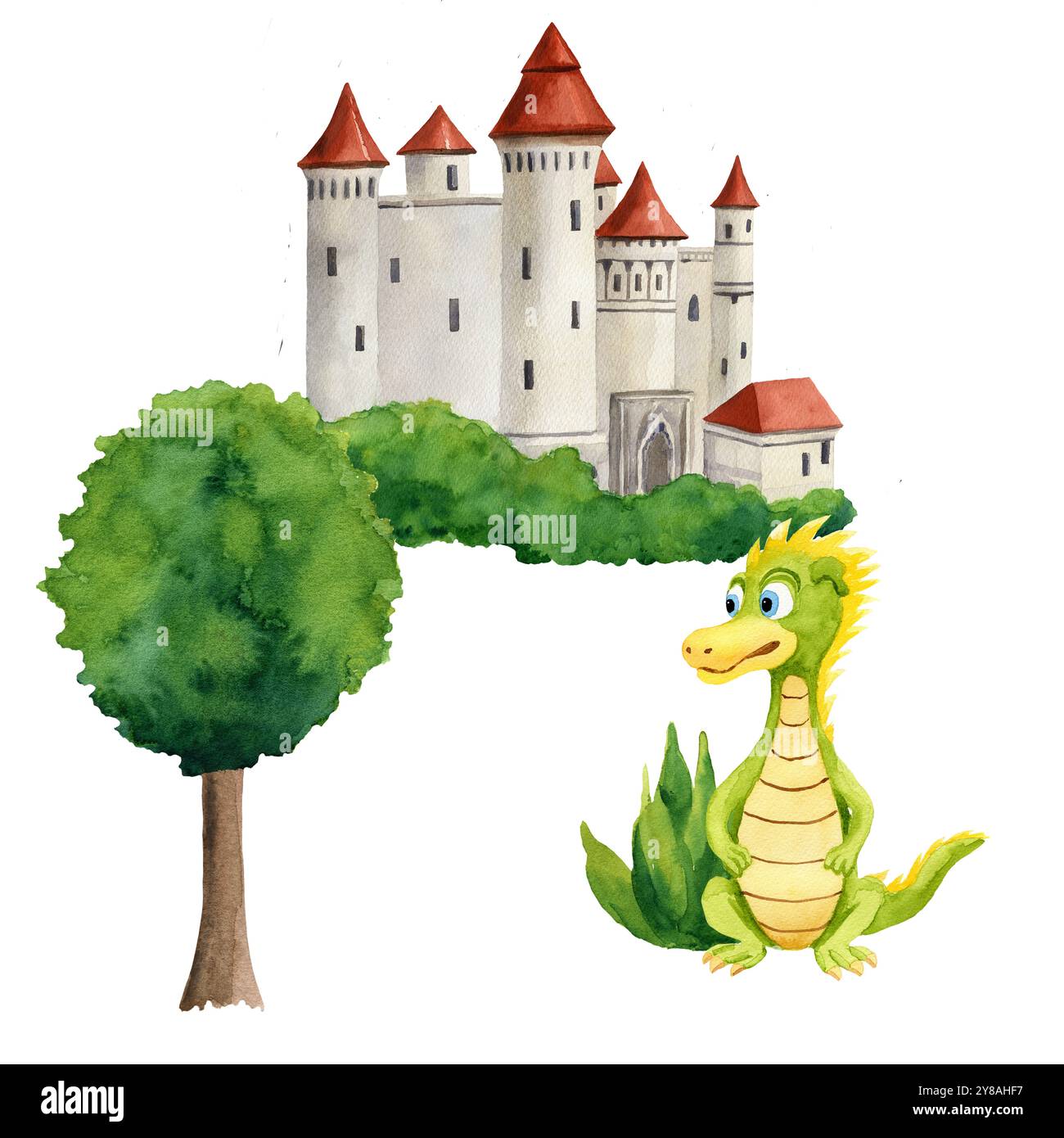 Fairy tale castle, tree, bush and green dragon illustration isolated on ...