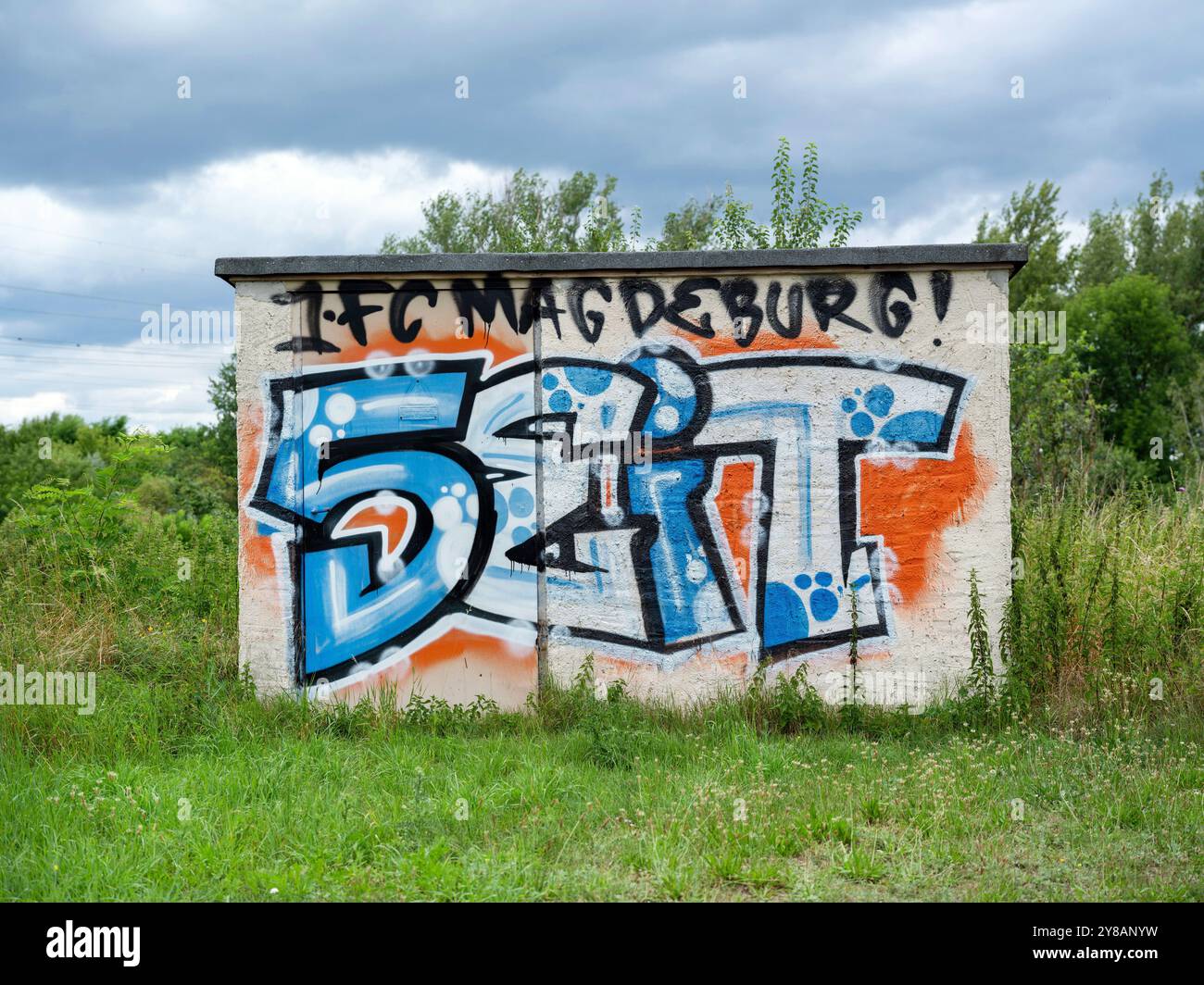 Graffiti 1. FC Magdeburg since 1965 on a wall at Jersleber See, Germany, Saxony-Anhalt, Jersleben Stock Photo