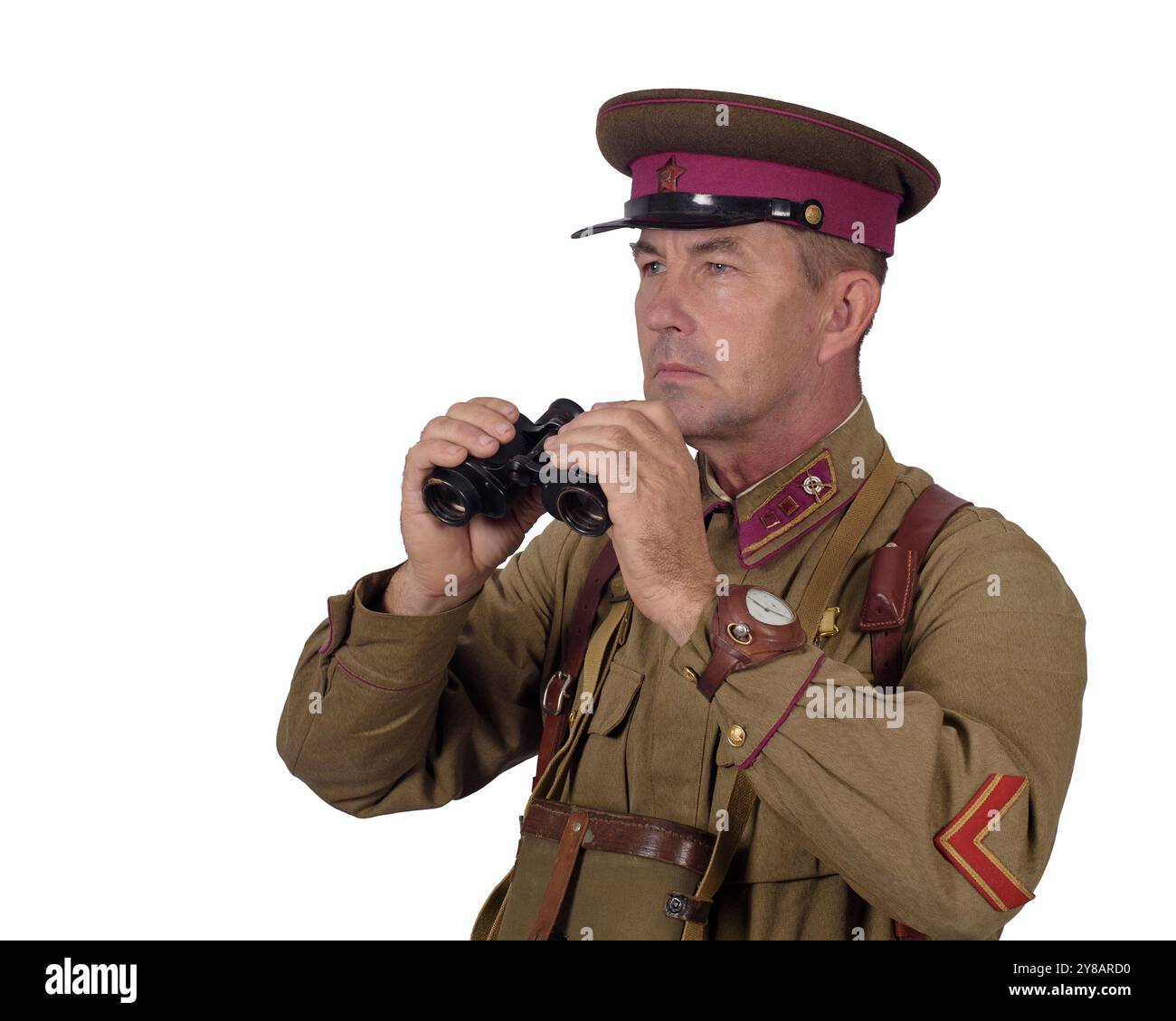 The commander of the Red Army looks through binoculars. Isolated on ...