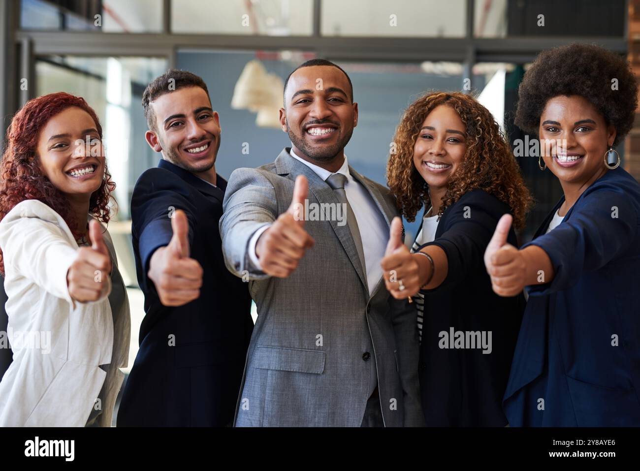 Happy, portrait and business people with thumbs up for good job ...