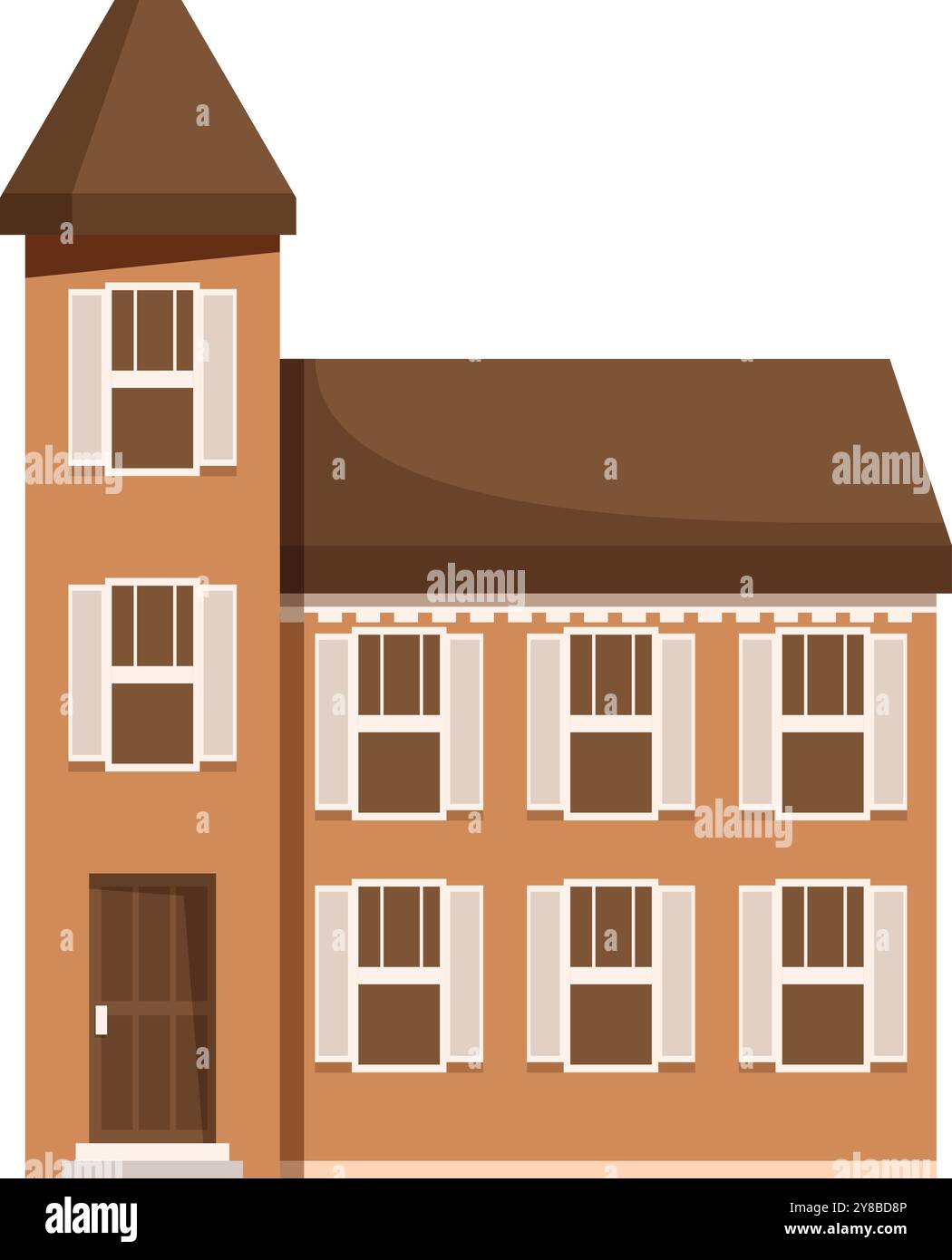 Brown brick house with white window shutters and a towering rooftop is ...