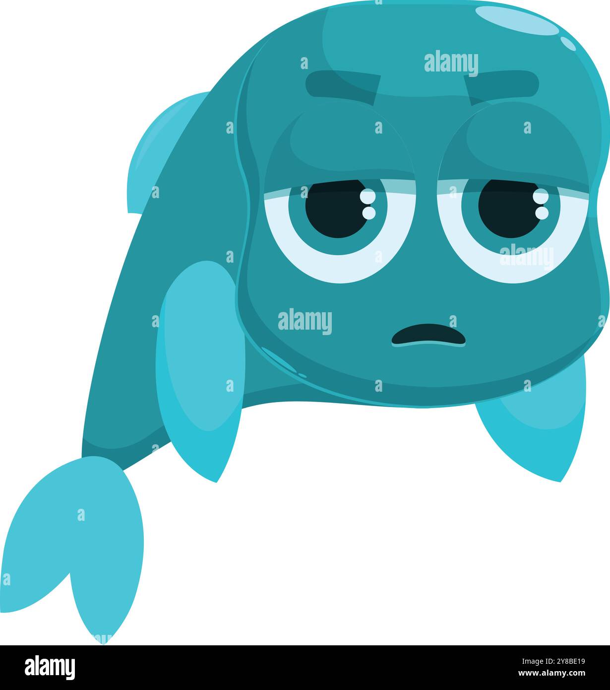 Blue cartoon fish looking sad with big eyes and a downturned mouth Stock Vector