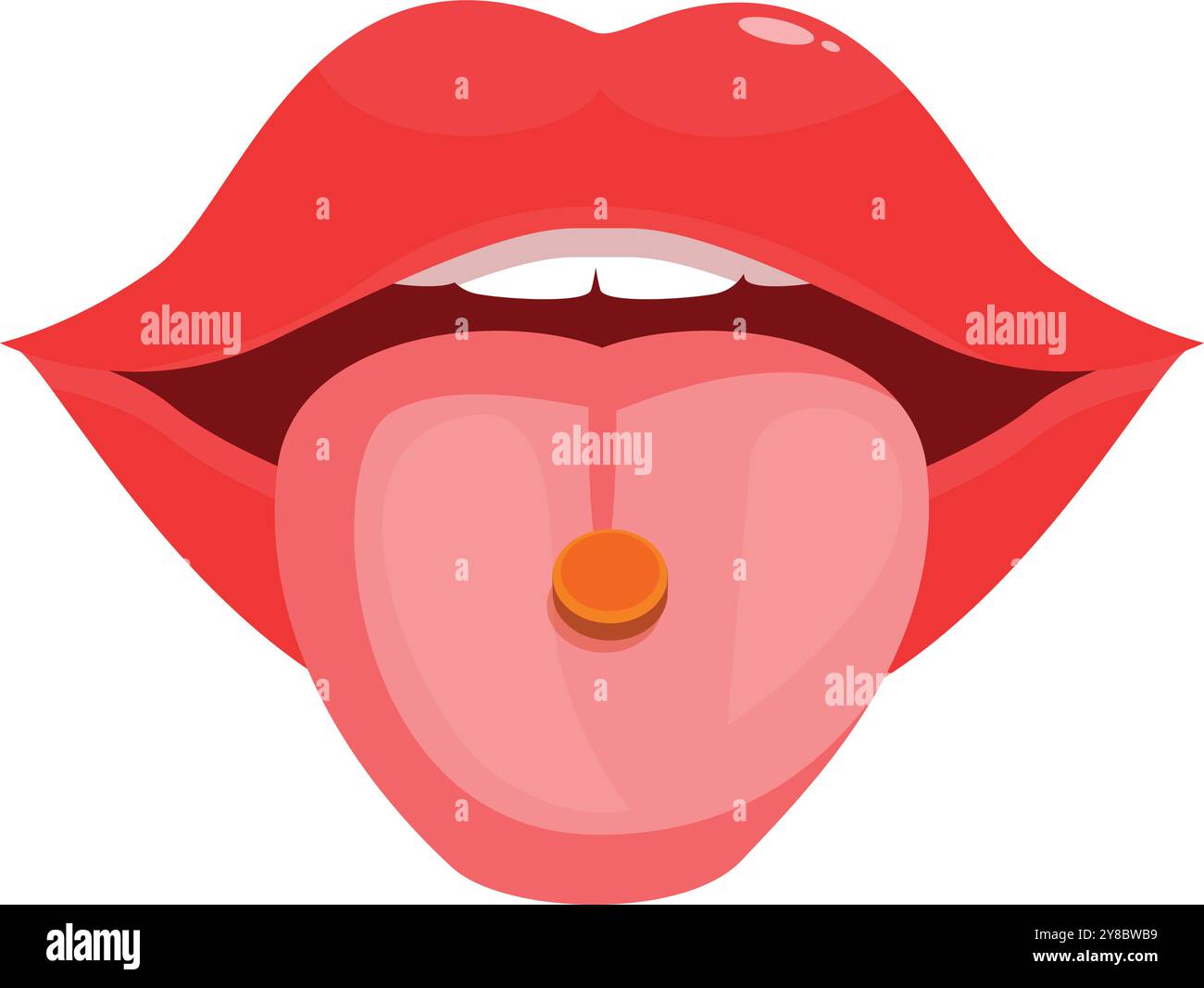 Open mouth with tongue sticking out, licking a round orange pill Stock