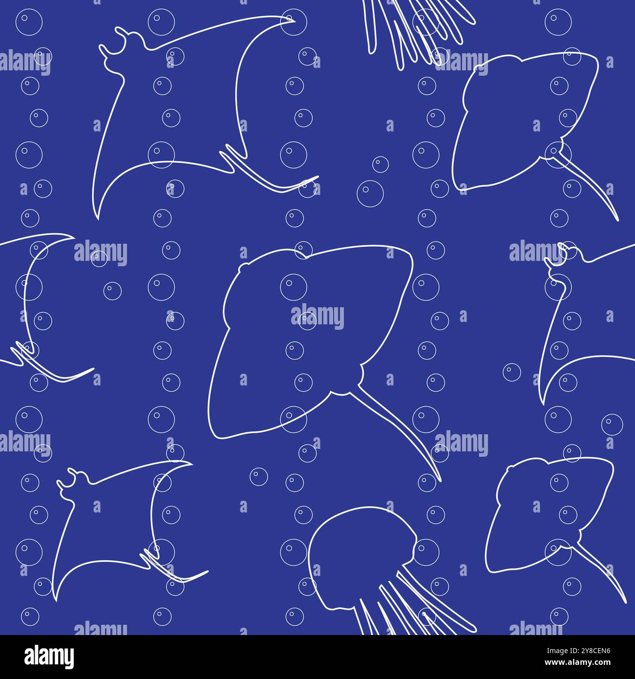 Stripy seamless pattern with stingray silhouettes Stock Vector