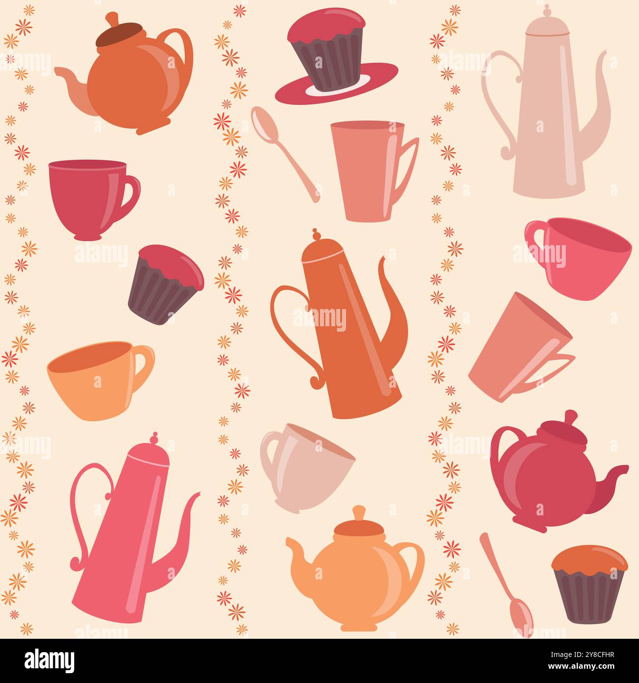 Stripy pattern with cups, teapots and cakes Stock Vector