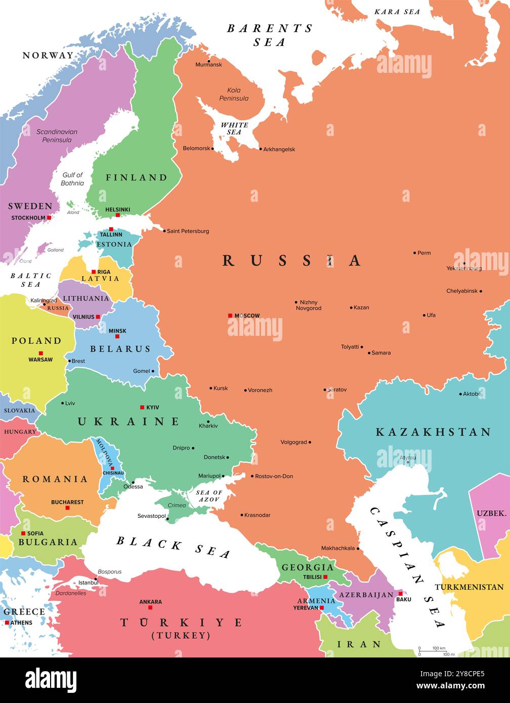 Map Of Europe With Capitals And Major Cities Eastern Europe And Western Asia Colored Political Map With Capitals Borders And Largest Cities With Black Sea Caspian Sea And European Russia 2Y8CPE5