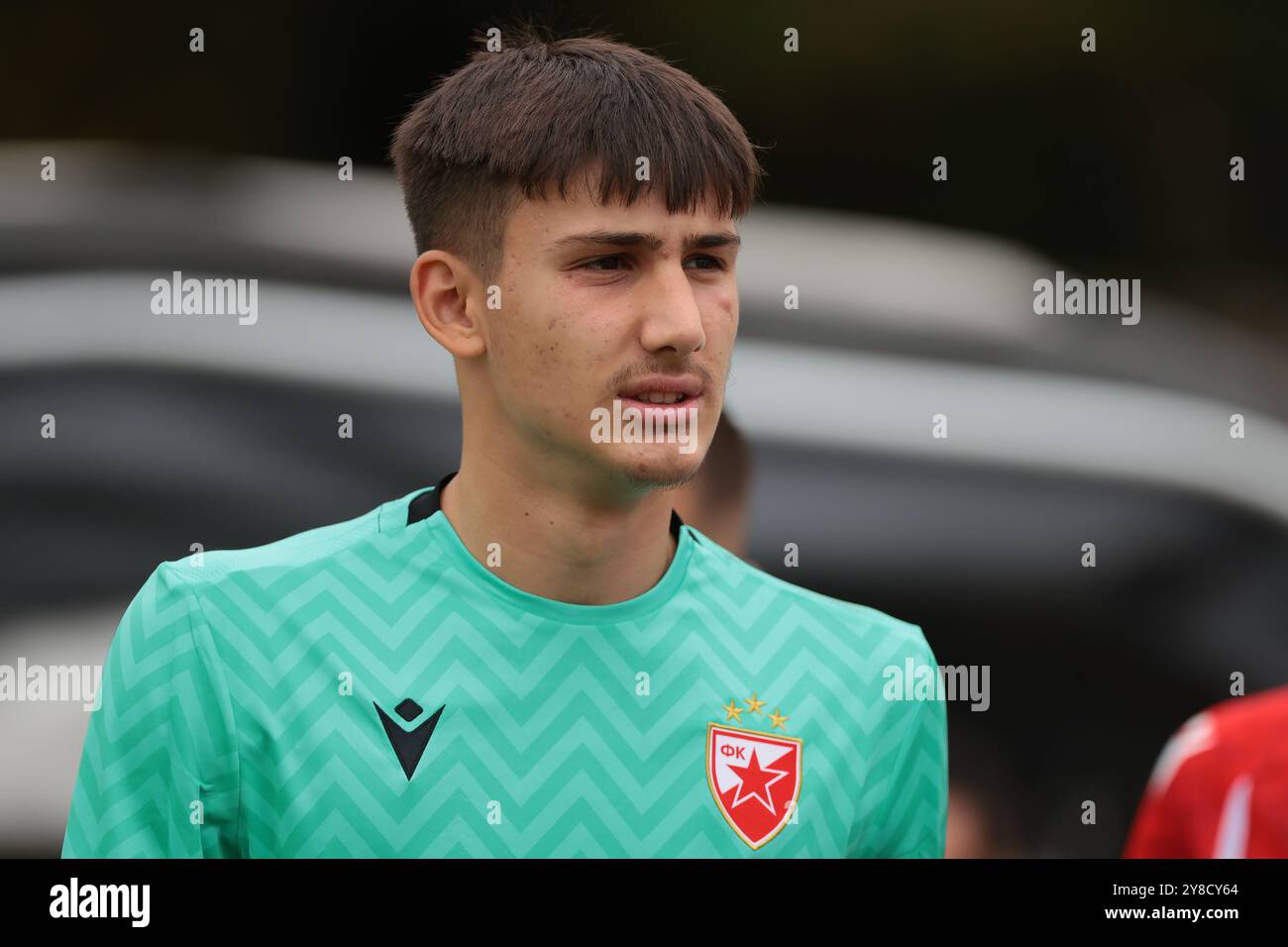 Milan, Italy. 1st Oct, 2024. Vuk Draskic of FC Crvena Zvezda reacts as he exits the tunnel for the second half of the UEFA Youth League match at Konami Youth Development Centre, Milan. Picture credit should read: Jonathan Moscrop/Sportimage Credit: Sportimage Ltd/Alamy Live News Stock Photo