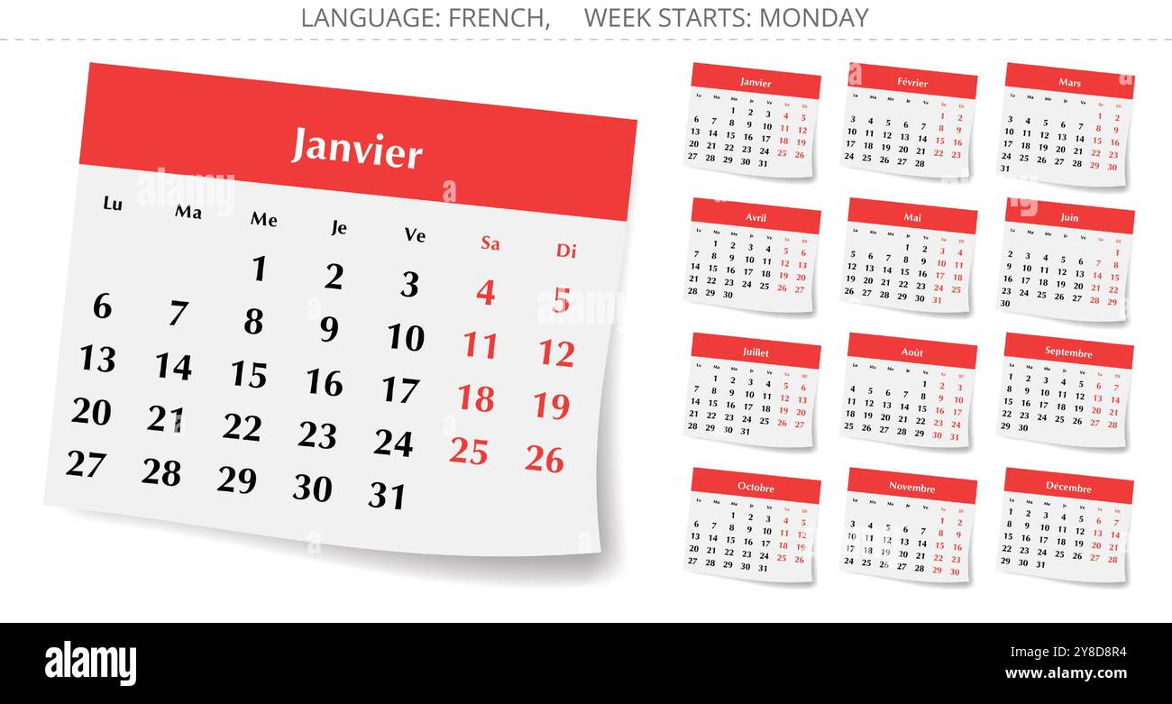 2025 year french calendar. Vector paper page illustration set for