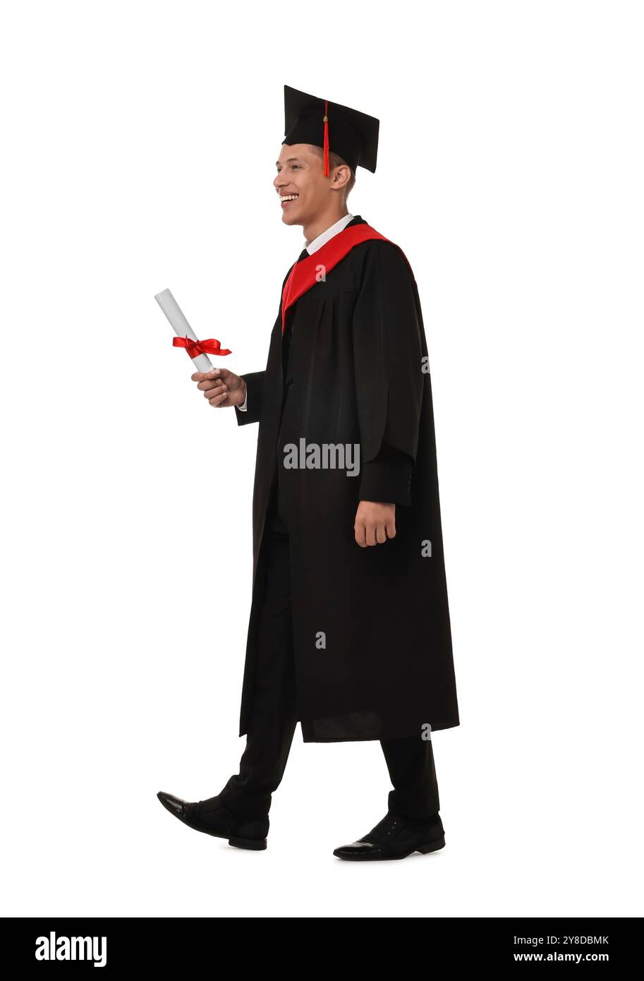 Happy student with diploma after graduation on white background Stock ...