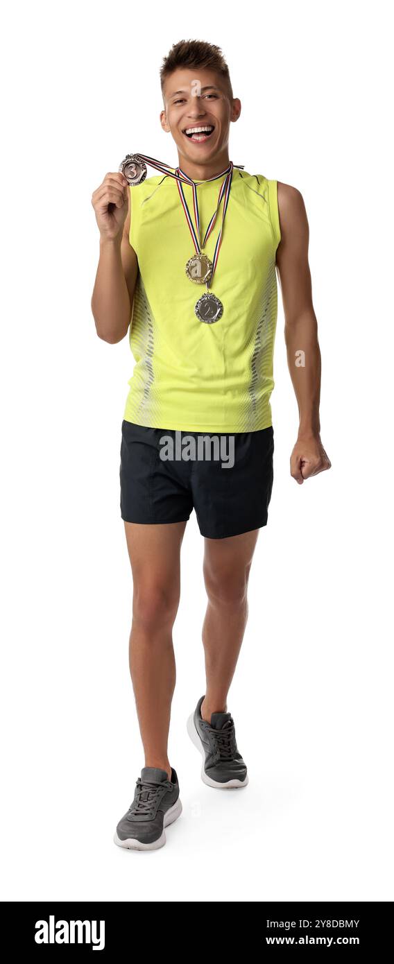 Happy winner with different medals on white background Stock Photo - Alamy