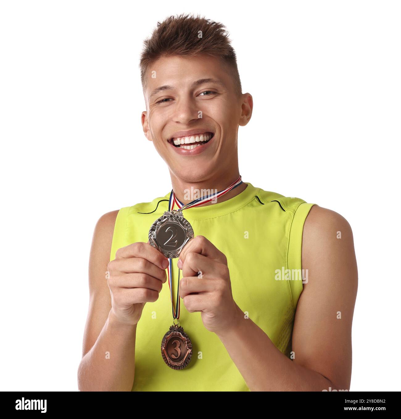 Happy winner with different medals on white background Stock Photo - Alamy