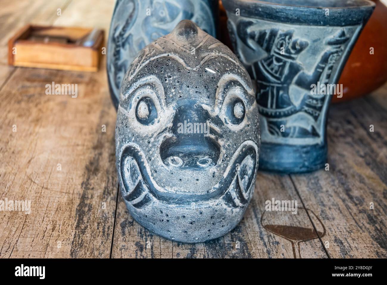 Clay pottery decorated with Inca graphics. Peru, South America. Stock Photo