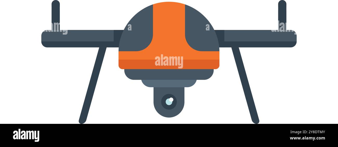Modern orange and grey camera drone hovering, front view, isolated on white background Stock Vector