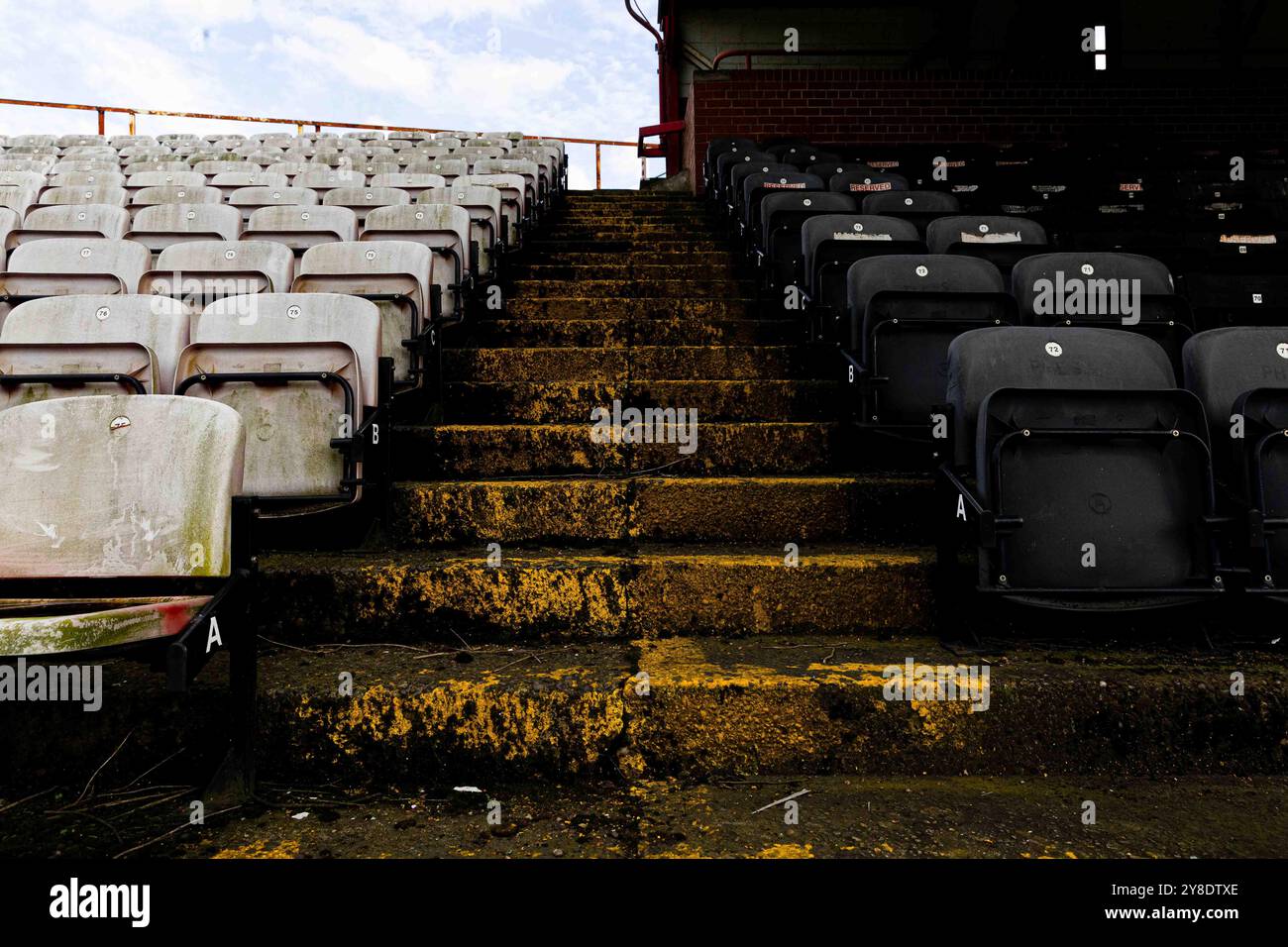 Rotherham, UK. 04th Oct, 2024. General view of a dirty concourse steps, as Millmoor Stadium the former home of Rotherham United FC is now reopened back to the public. Rotherham United last played at Millmoor 16 years ago, but now the Ghost ground is coming alive again with the pitch being put into use for hire by local teams. (Photo by Ben Booth/SOPA Images/Sipa USA) Credit: Sipa USA/Alamy Live News Stock Photo