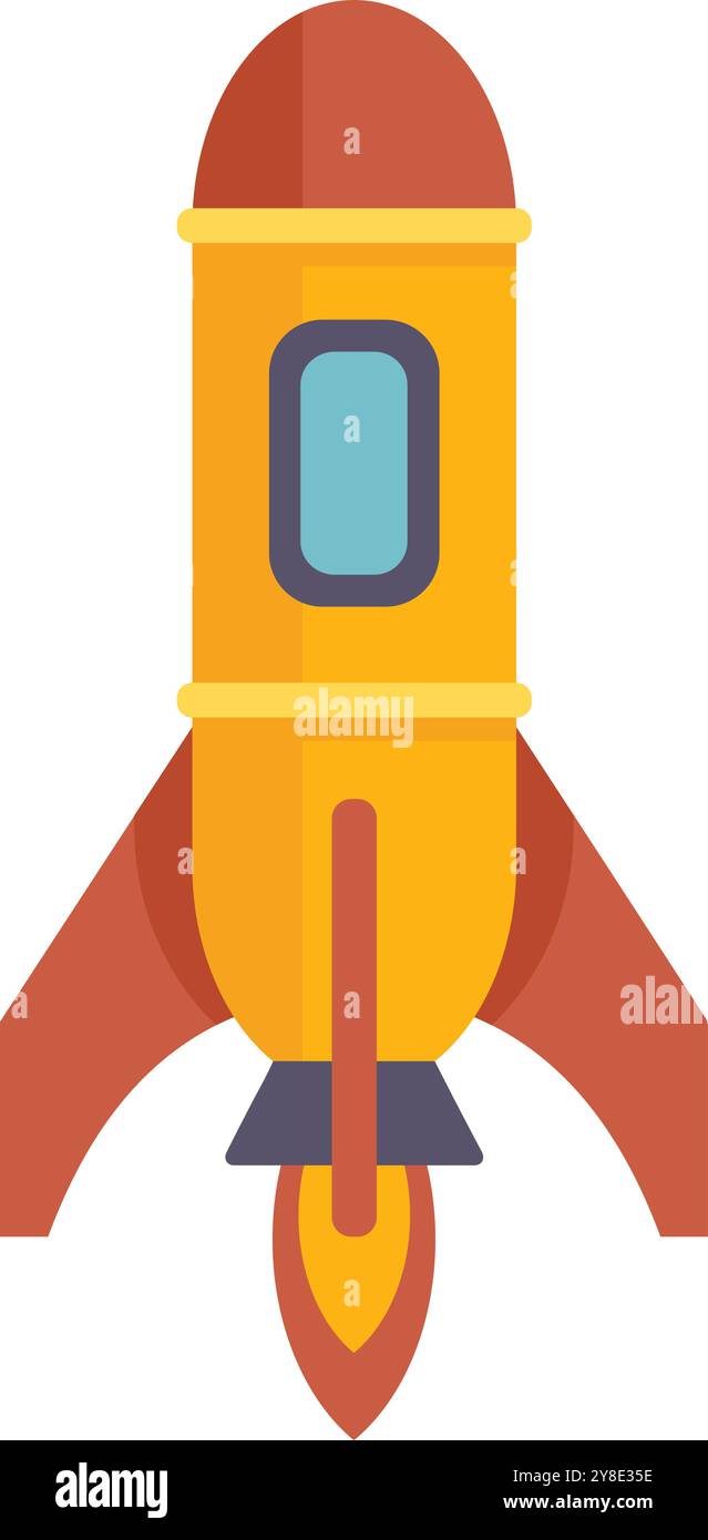 Cartoon rocket ship launching upward, propelled by flames shooting from ...