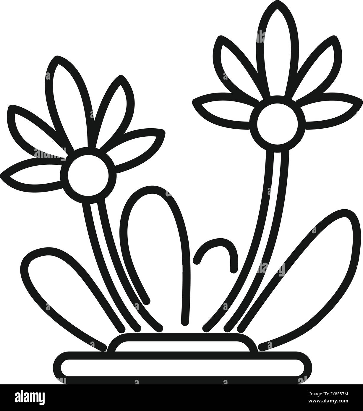 Two flowers with leaves are growing from the ground in this simple icon ...