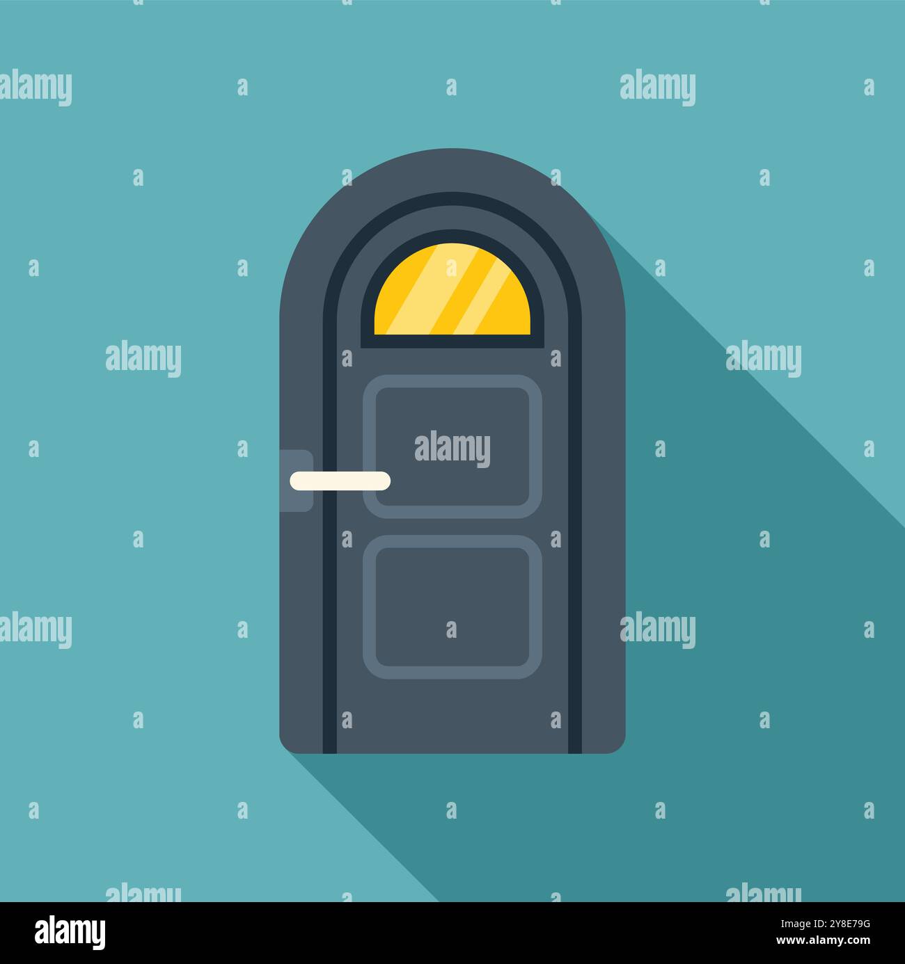 Semicircular door with an arched transom window casting a long shadow ...