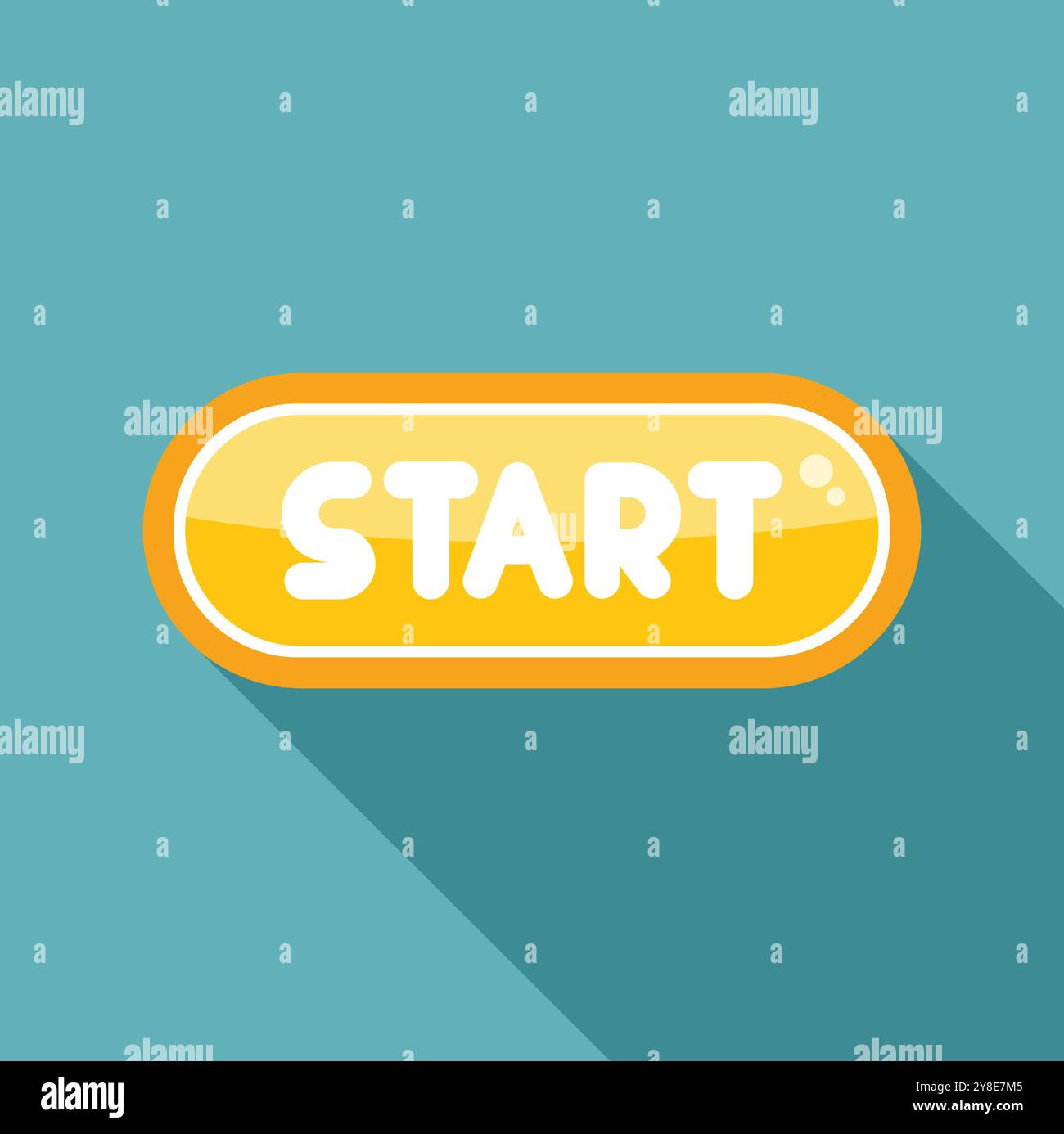 Yellow rounded start button casting a long shadow on a turquoise background Stock Vector