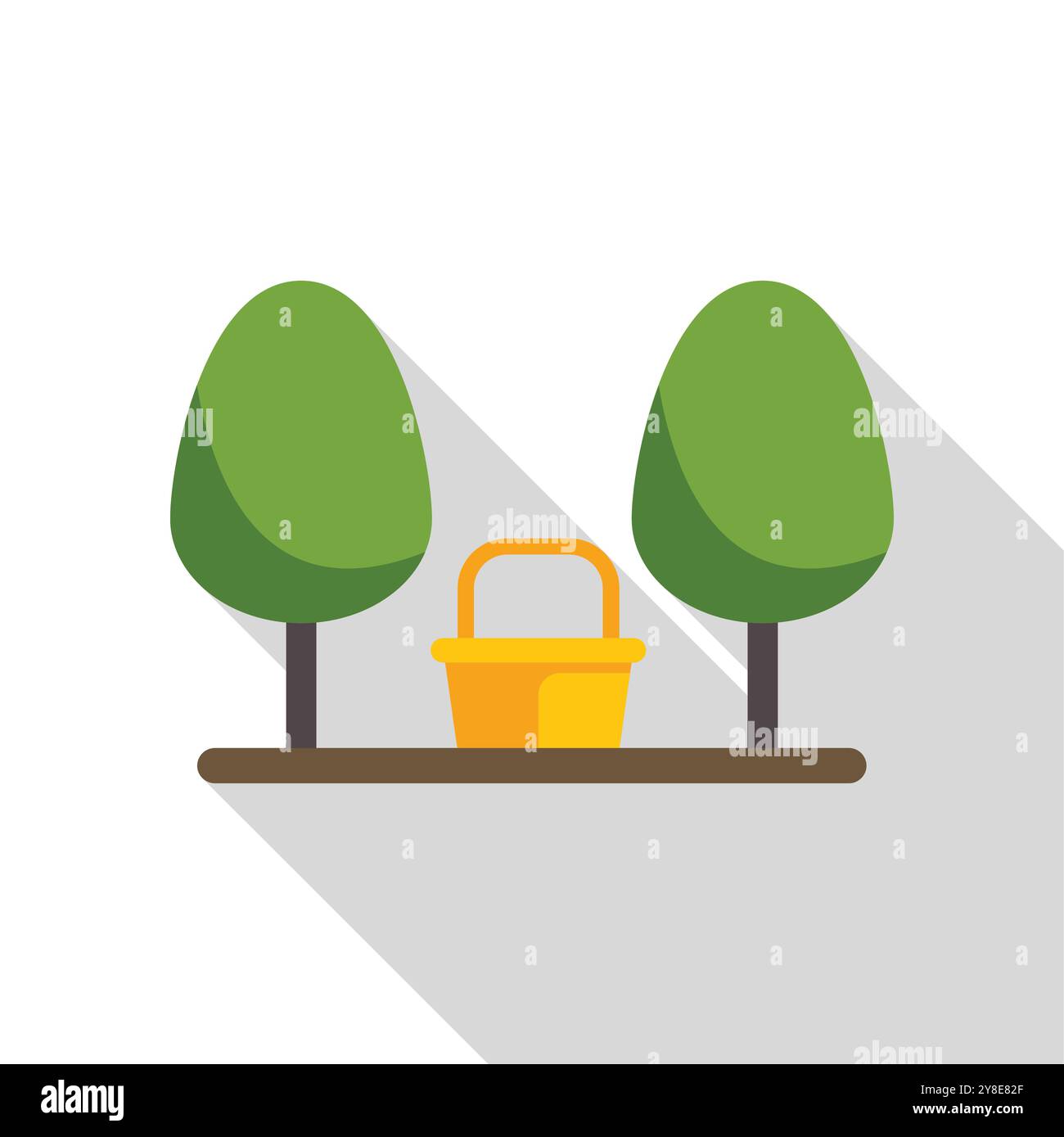 Yellow basket standing between two trees in the park, flat design icon illustration with long shadow Stock Vector
