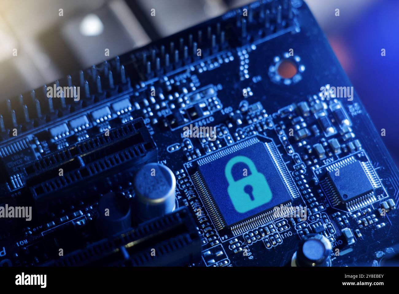 closeup Locked electronic circuit board, Computer Security concept hardware concept. Stock Photo