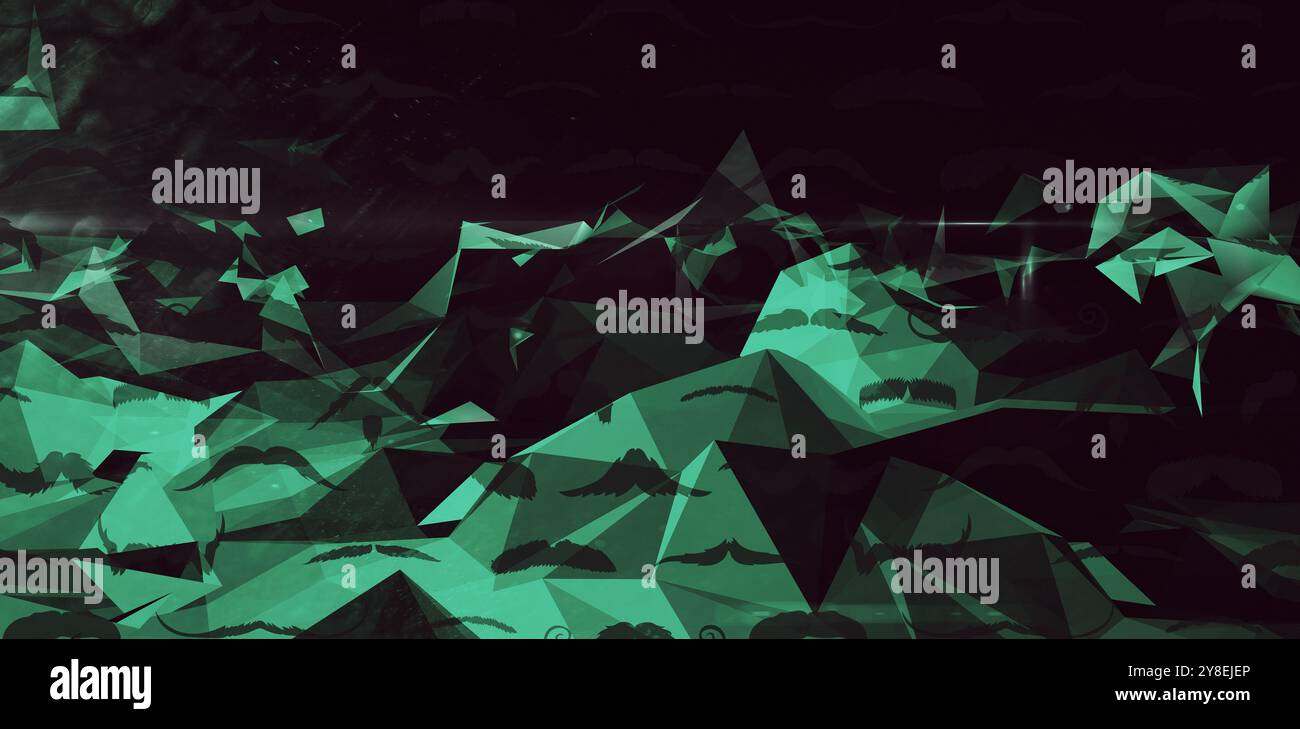 Abstract illustration of abstract green geometric polygonal shapes against mustaches in seamless pattern on black background. background with abstract Stock Photo