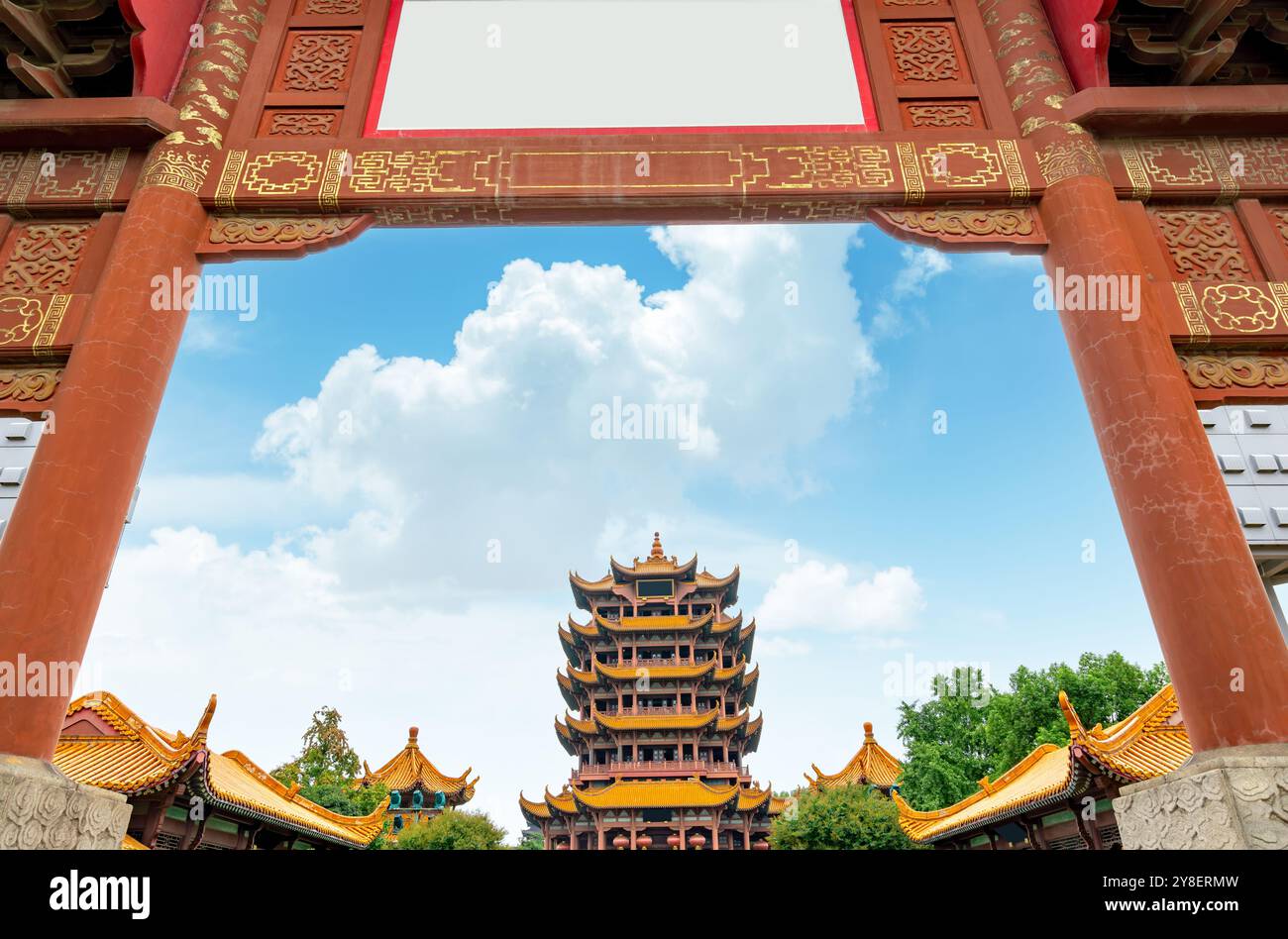 Yellow crane tower against blue sky in wuhan, China Stock Photo