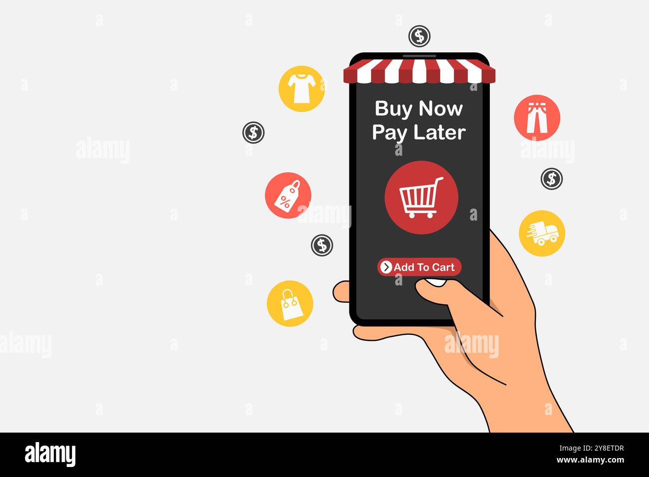 Hand holding a smartphone for online shopping with payment later. Buy