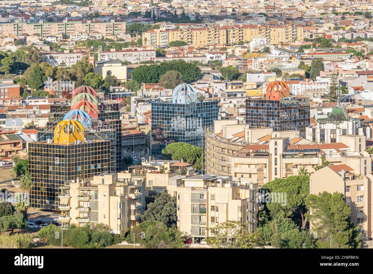 Aerial view of modern glass buildings in Cagliari, Italy, in the ...