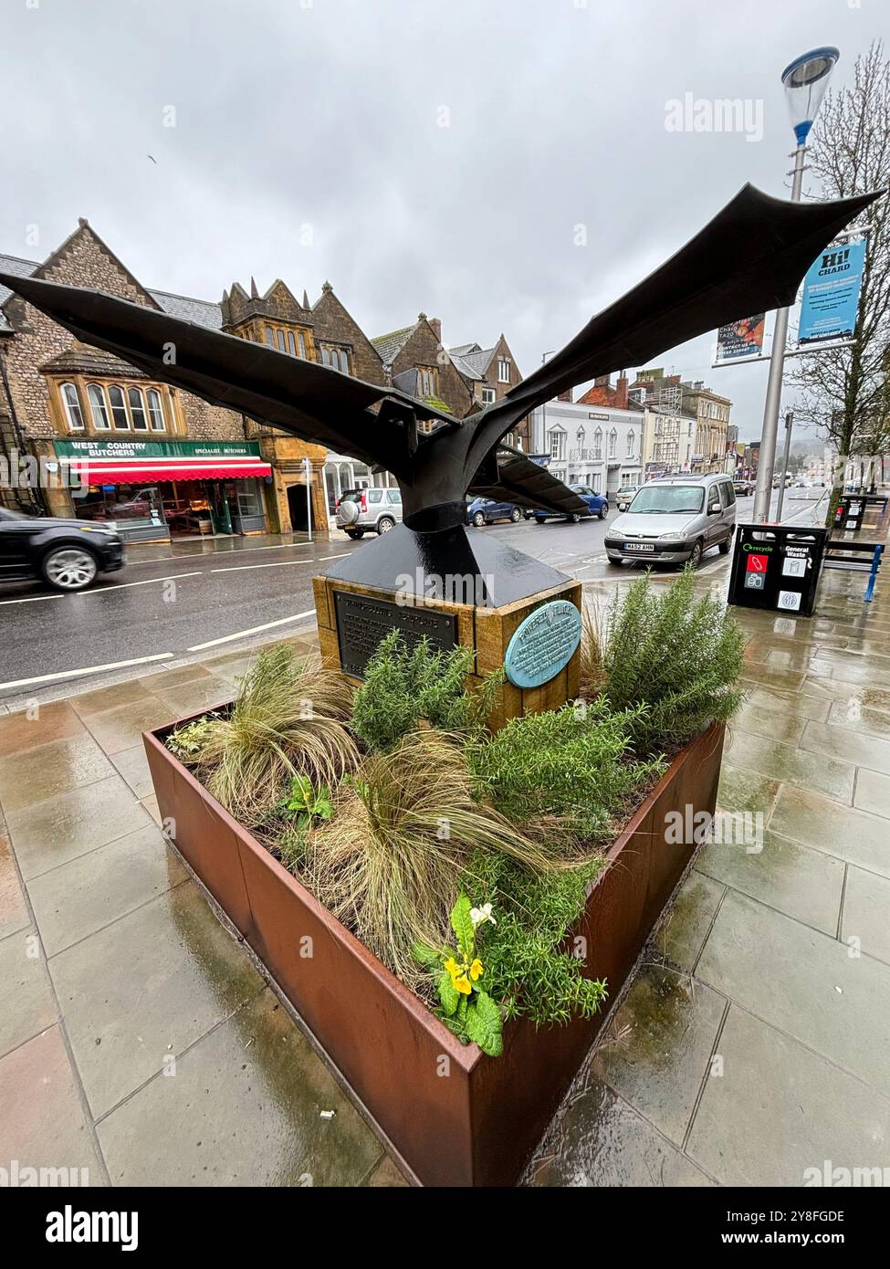 Model plane first powered flight in the High Street Chard Somerset England uk - Smartphone Captured Stock Image