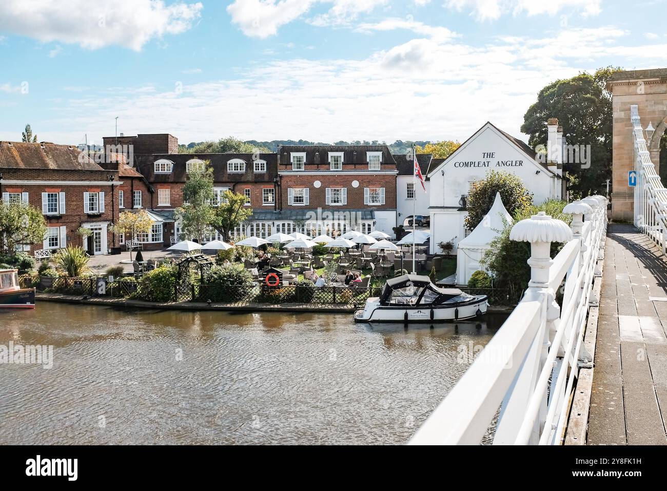 View of the Macdonald Compleat Angler Hotel  overlooking the River Thames in Marlow , Buckinghamshire , England , UK parts of the hotel are reputed to be over 400 years old and have had many Royal visitors Stock Photo