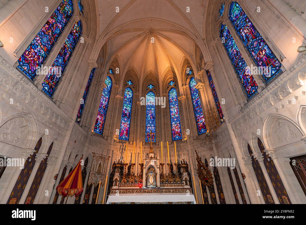 DOUVRES LA DELIVRANDE, FRANCE, MAY 13, 2024 : interiors architectural decors of basilica of Our Lady de la delivrande, norrmandy Stock Photo