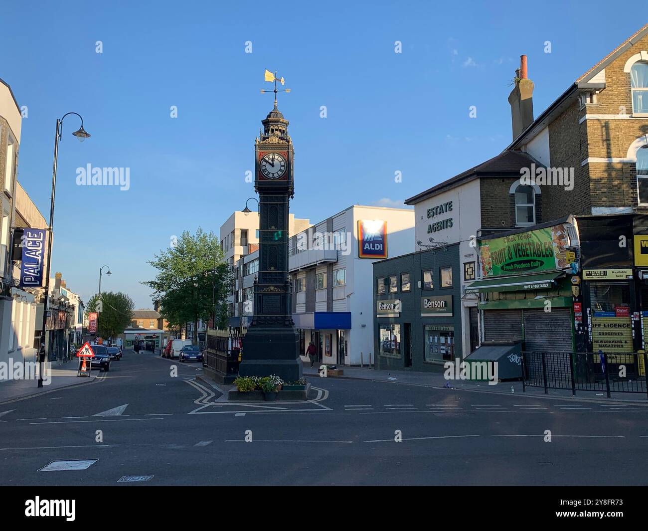 South Norwood high street during lockdown, covid 19,clock tower, Norwood junction, London, SE25, U.K. - Smartphone Captured Stock Image
