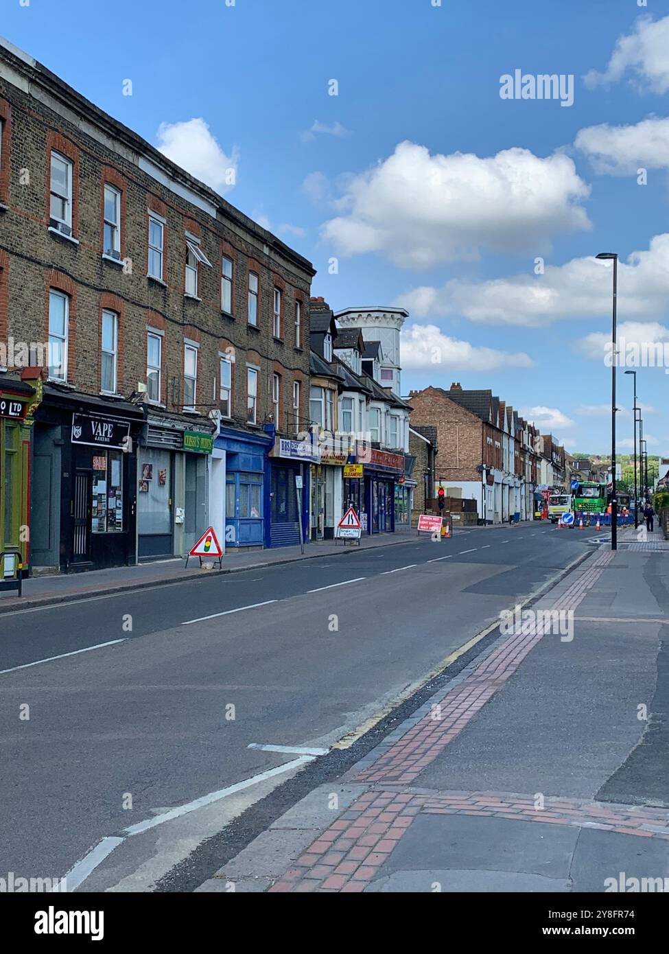 South Norwood high street during lockdown, covid 19,clock tower, Norwood junction, London, SE25, U.K. - Smartphone Captured Stock Image