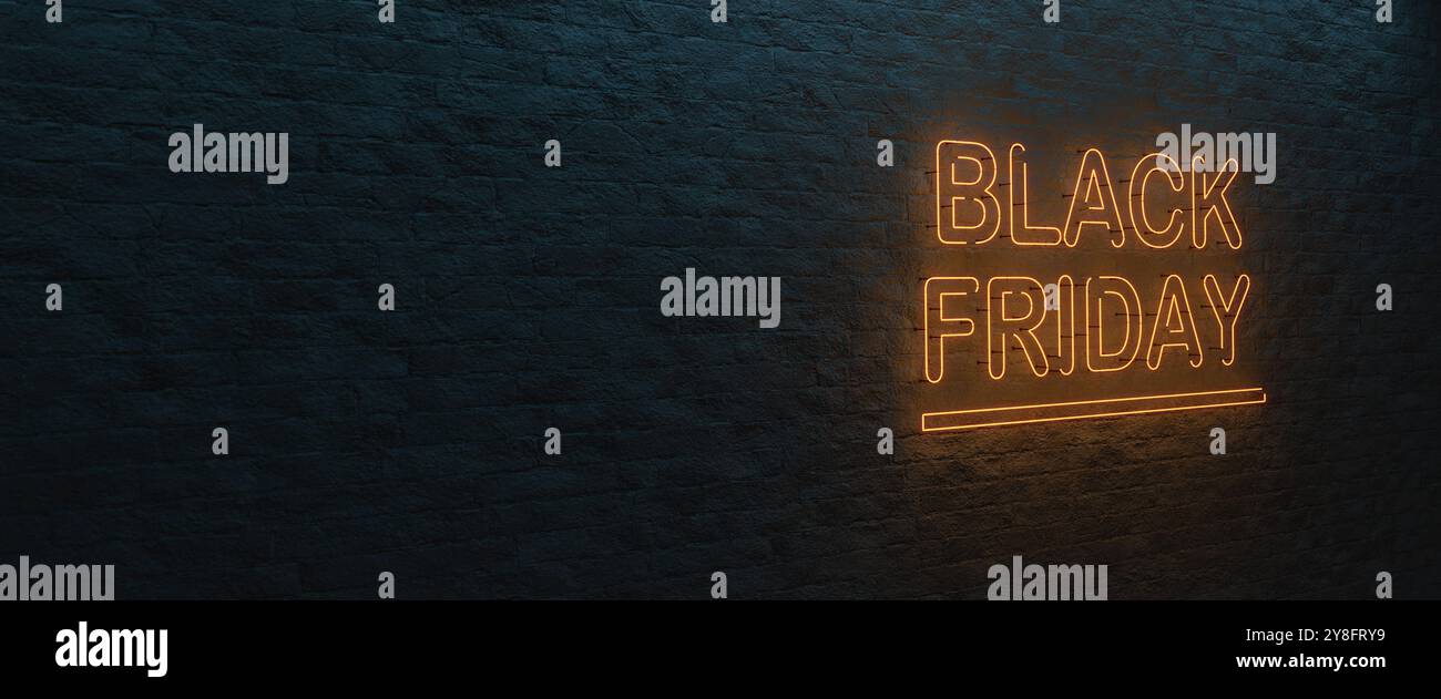 Black Friday neon sign on a brick wall. 3d render, web banner format Stock Photo