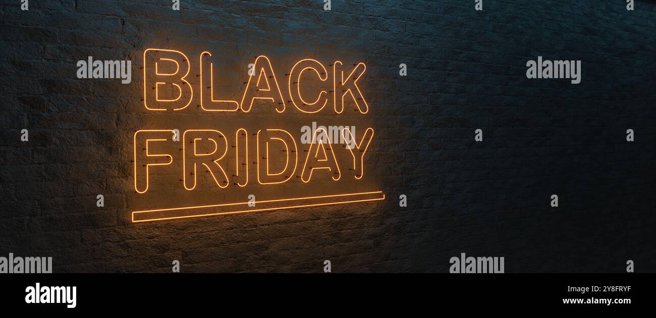 Black Friday neon sign on a brick wall. 3d render, web banner format Stock Photo