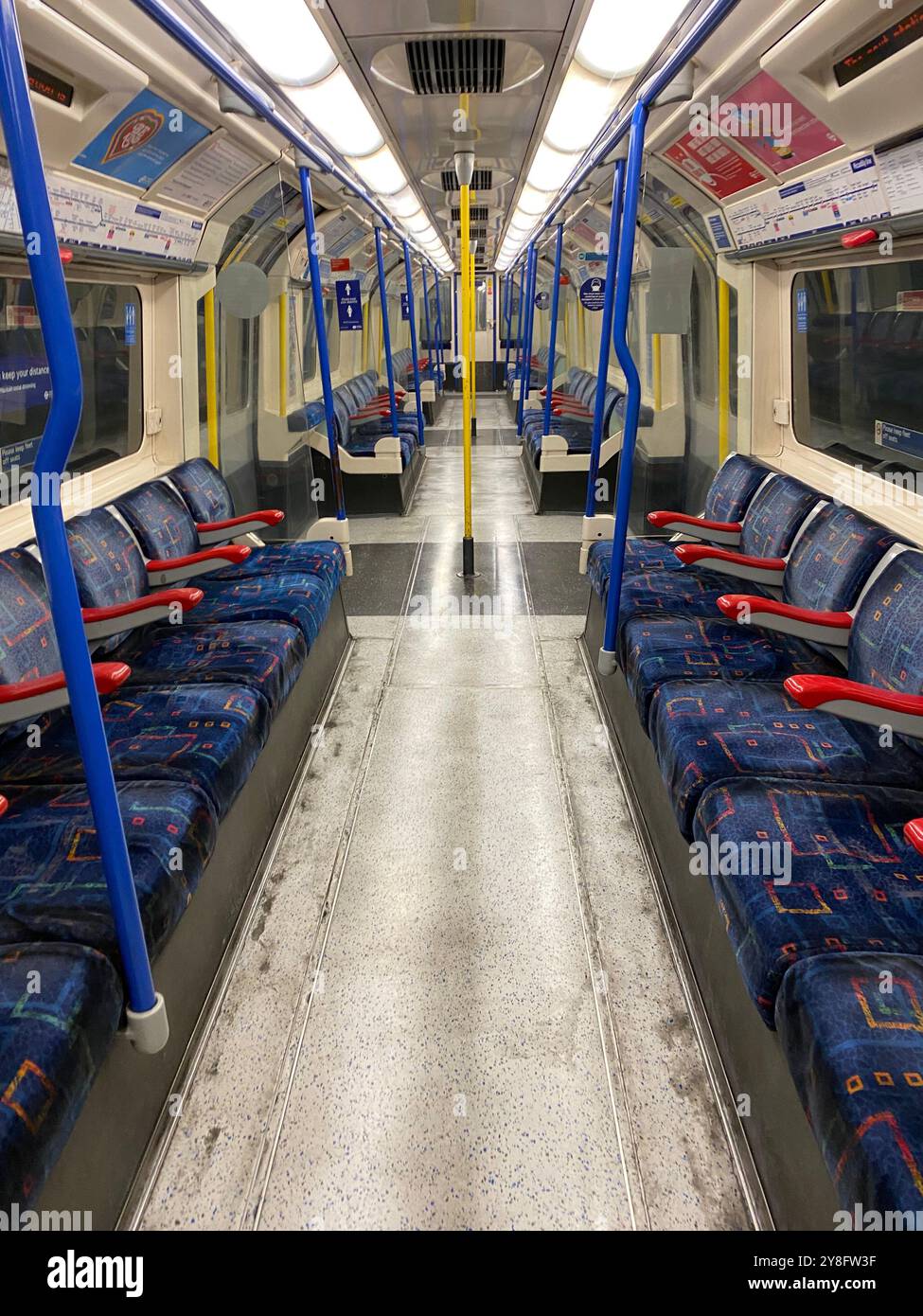 London underground tubetrain empty during pandemic covid 19 2020, London, U.K. - Smartphone Captured Stock Image