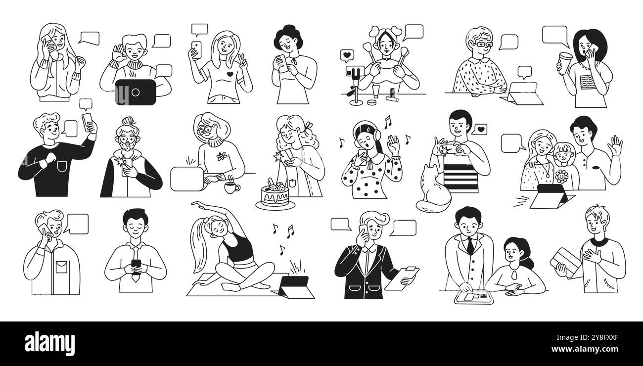 Diverse people using smartphones and computers icons set Stock Vector