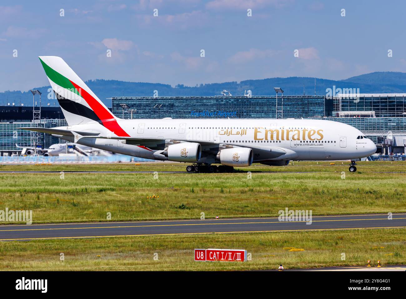 Frankfurt, Germany - May 14, 2024: Emirates Airbus A380-800 airplane at Frankfurt Airport (FRA) in Germany. Stock Photo
