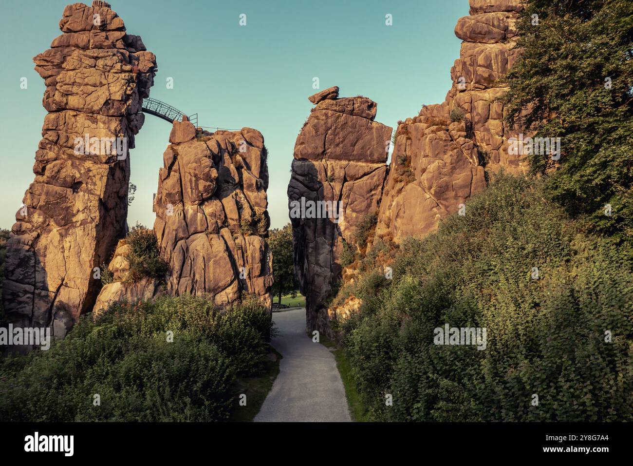 drone view of the Externsteine a sandstone rock formation in the Teutoburg Forest Stock Photo