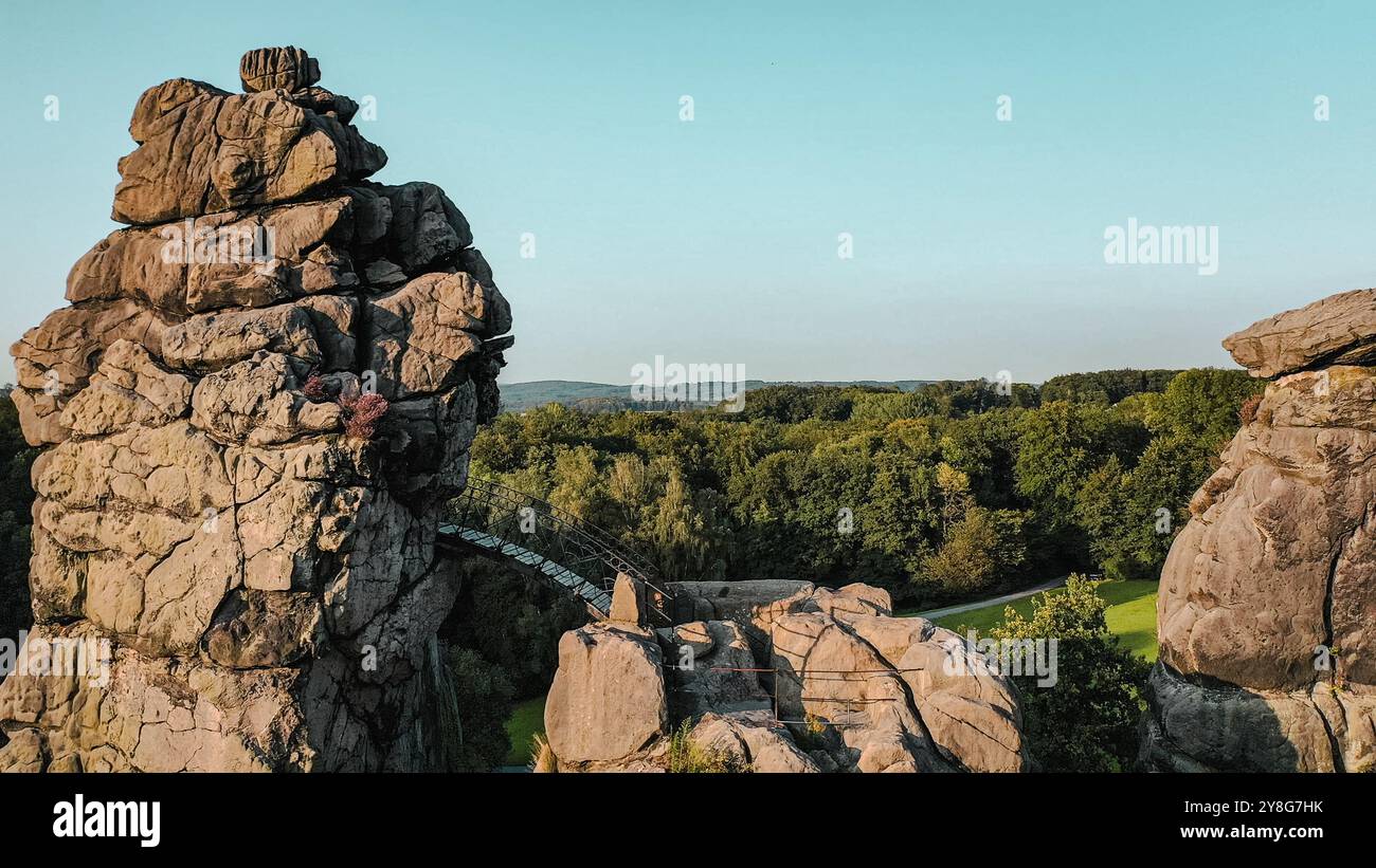 drone view of the Externsteine a sandstone rock formation in the Teutoburg Forest Stock Photo