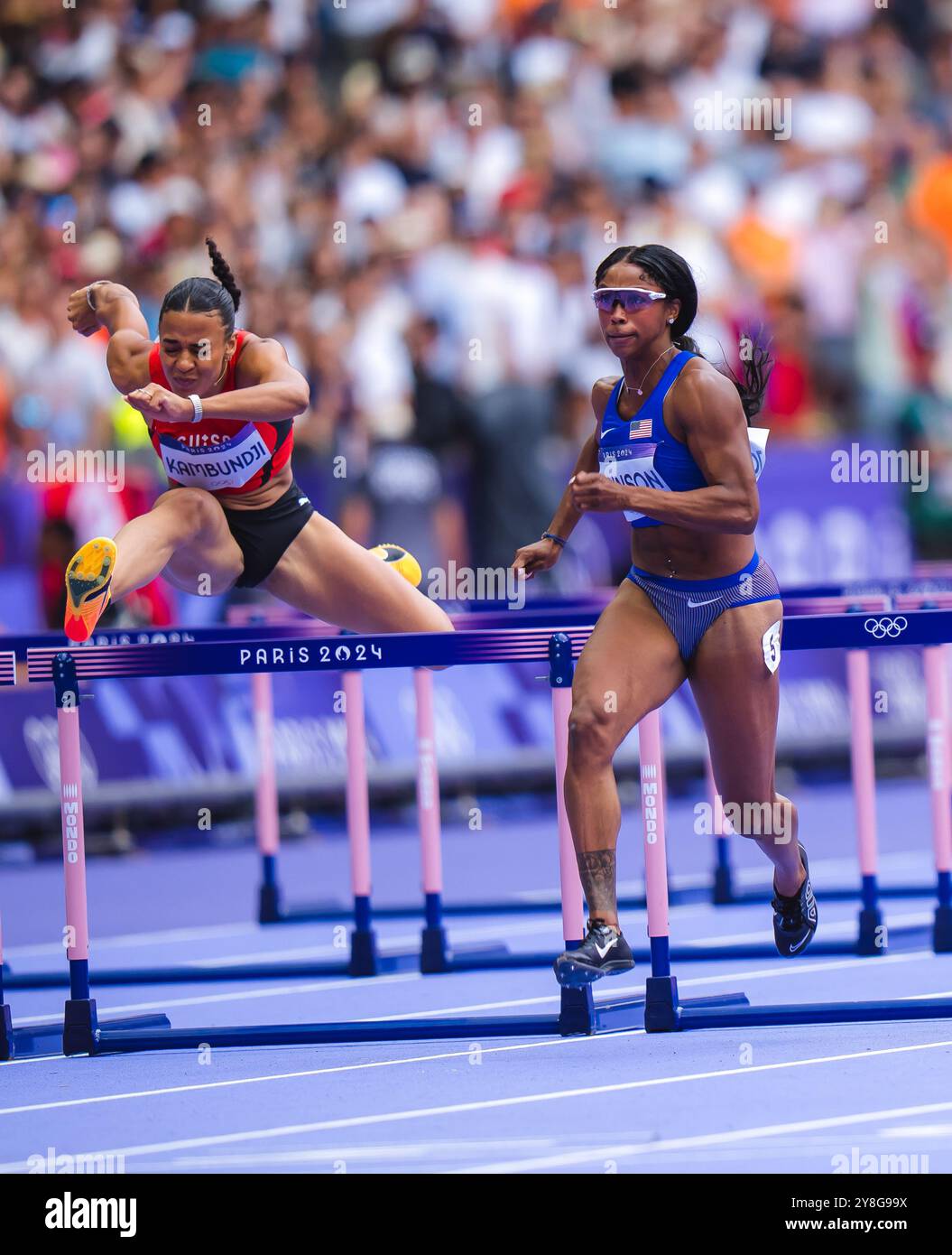 Alaysha Alaysha Johnson participating in the 100 meters hurdles at the Paris ...