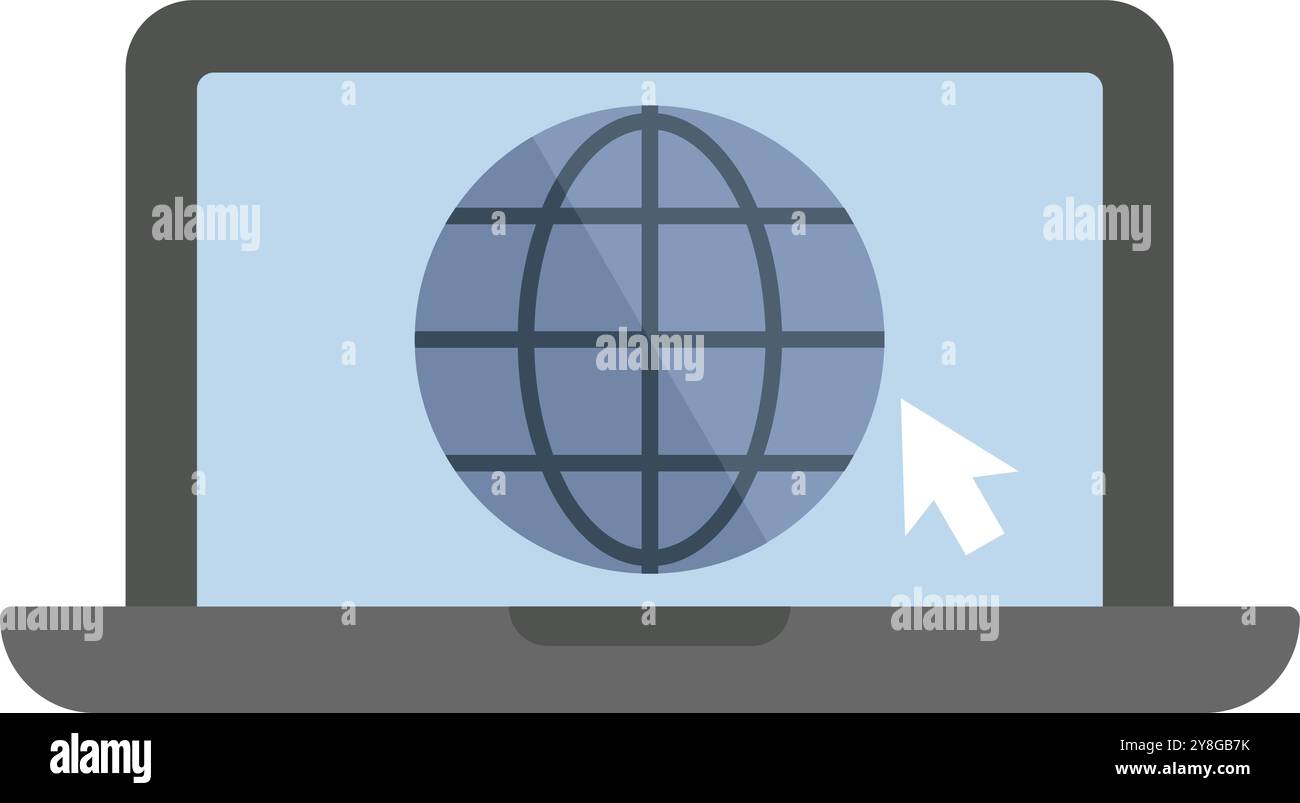 Laptop computer is displaying a web browser with a globe icon and a mouse cursor clicking on it Stock Vector