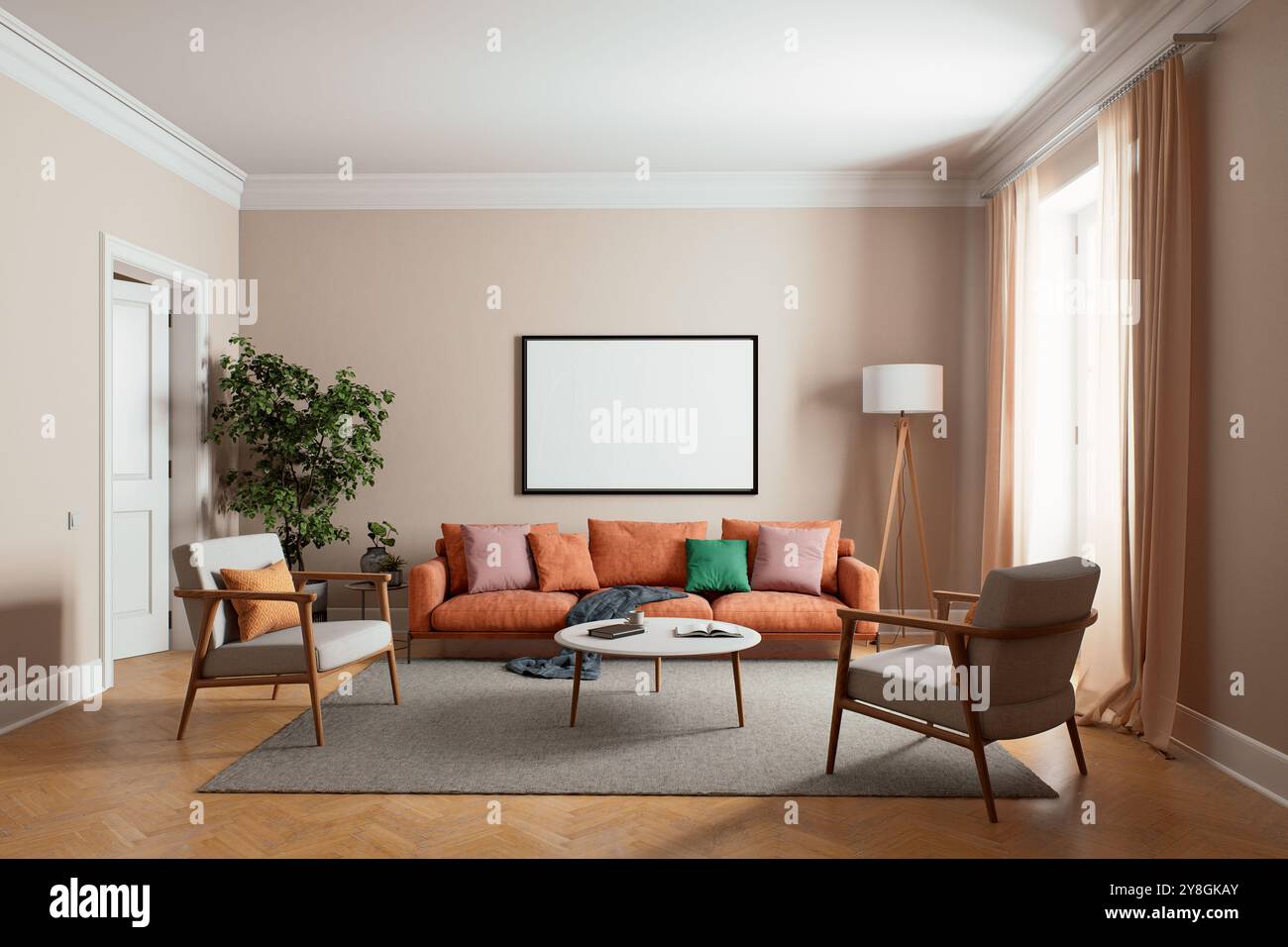 The modern living room features a stylish orange sofa complemented by ...