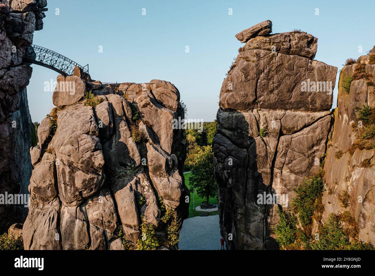 Natural attractions in Germany drone view of the Externsteine a sandstone rock formation in the Teutoburg Forest Stock Photo