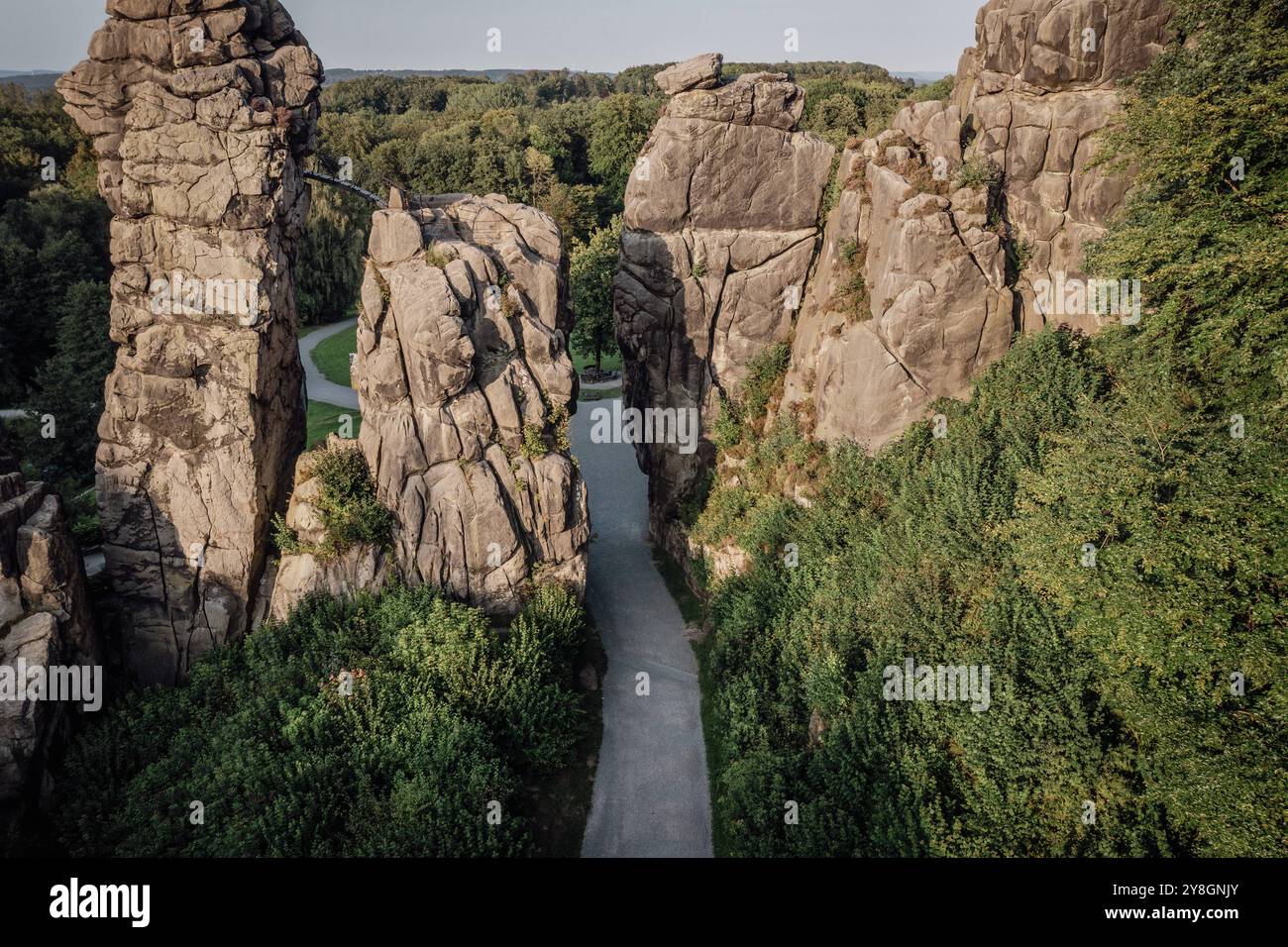 Natural attractions in Germany drone view of the Externsteine a sandstone rock formation in the Teutoburg Forest Stock Photo