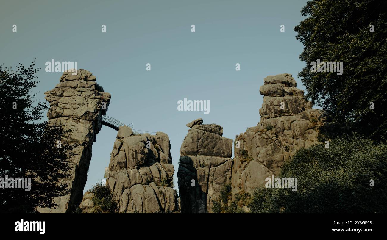 Natural attractions in Germany drone view of the Externsteine a sandstone rock formation in the Teutoburg Forest Stock Photo