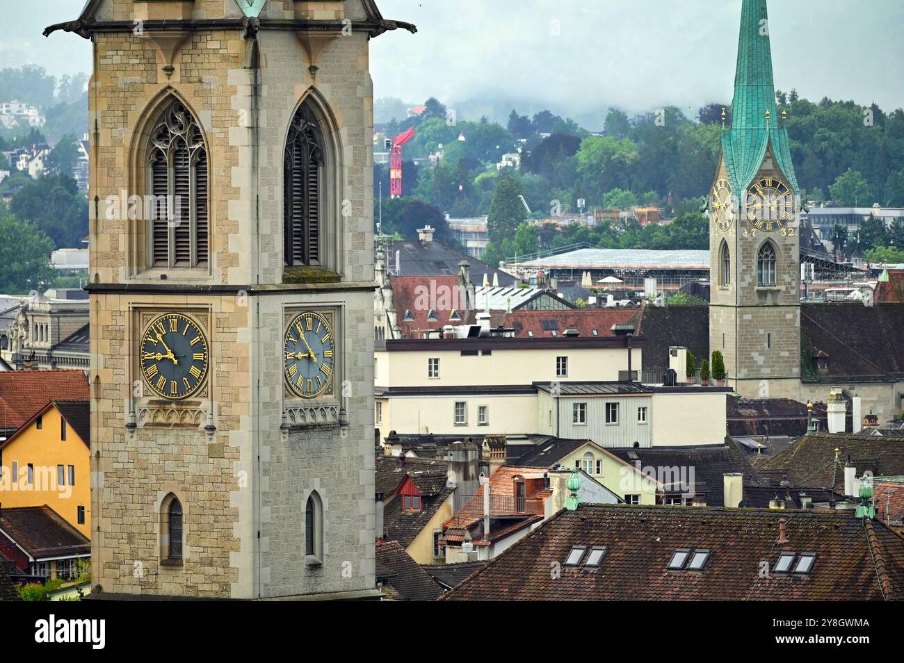 Church clock towers in Zurich skyline, Switzerland Stock Photo - Alamy